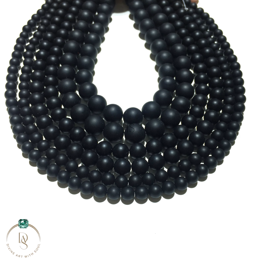 Natural Matte Black Onyx Round Beads String