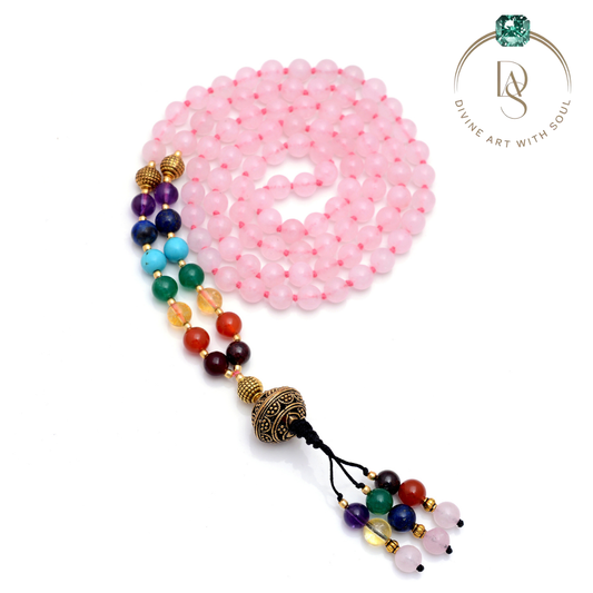 Natural Rose Quartz Mala With Seven Chakra Protection