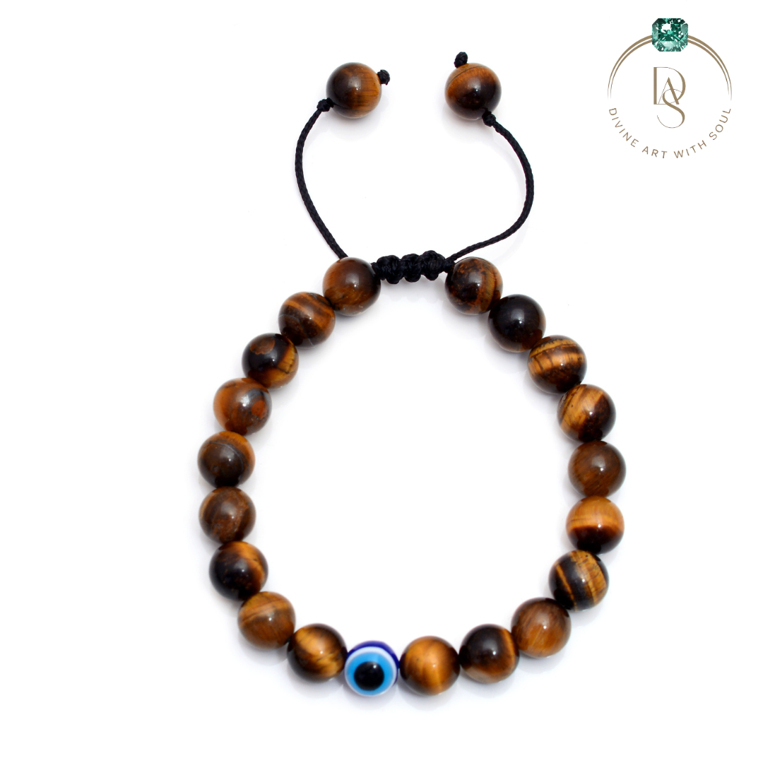 Natural Brown Tiger Eye with Evil Eye Macrame Bracelet