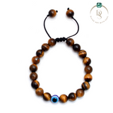 Natural Brown Tiger Eye with Evil Eye Macrame Bracelet
