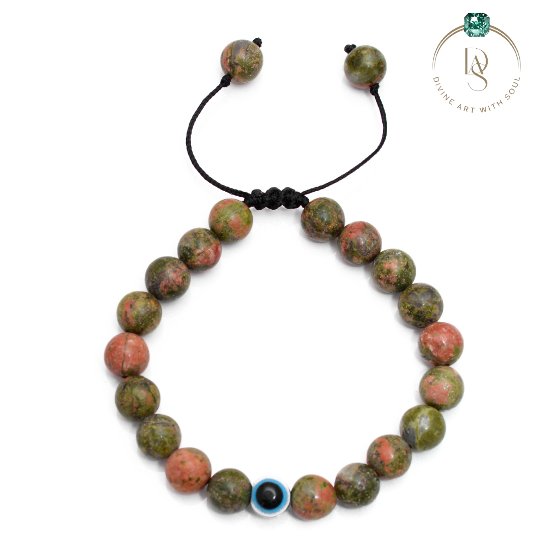 Natural Unakite with Evil Eye Macrame Bracelet