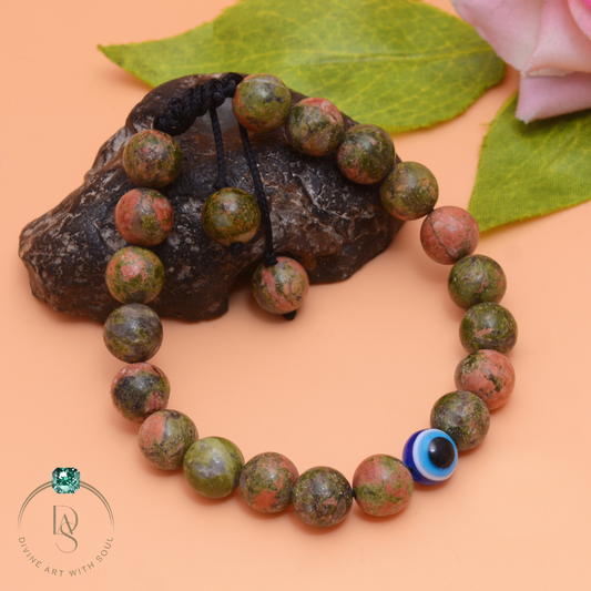 Natural Unakite with Evil Eye Macrame Bracelet